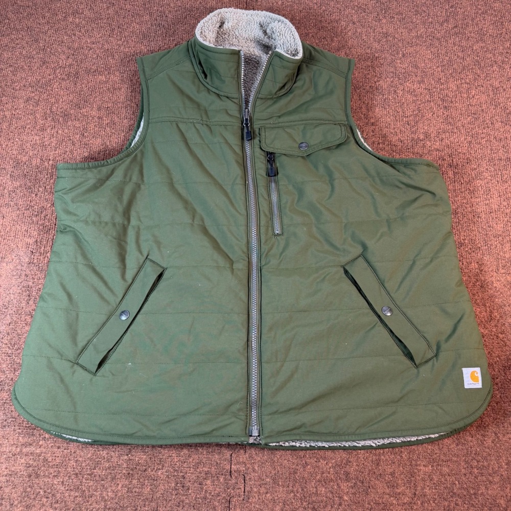 A+ Carhartt Reversible Sherpa Lined Vest Mens Green Workwear Puffer Full Zip